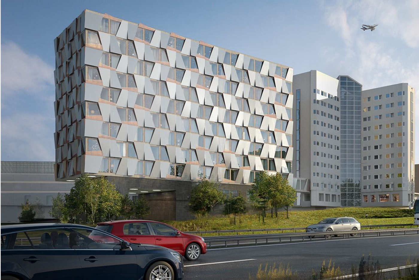Arkitektbild av hur nya Quality Hotel Arlanda XPO ska se ut när modulmontage och öva byggnation är färdigt sommaren 2020.