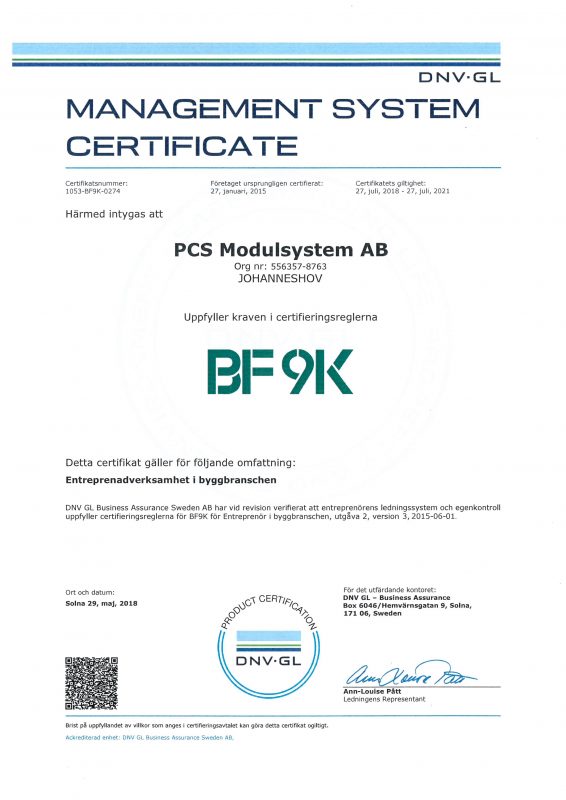 Certifiering BF9K PCS Modulsystem